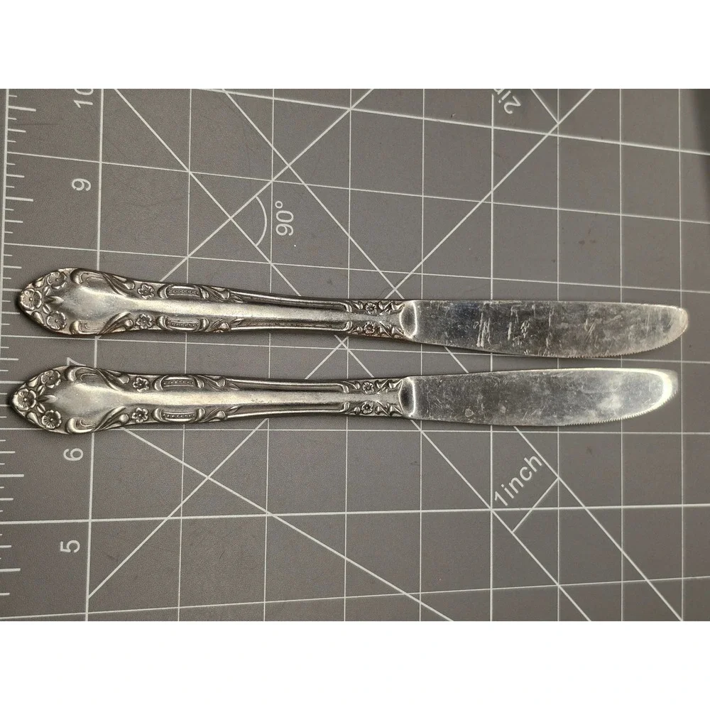 Vintage Floral Silverplate Dinner Knives Set of 2 Ornate Scrolled Handle 9 inch